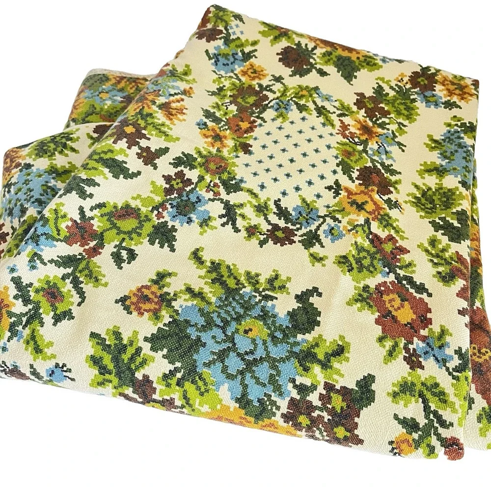 Vintage 70s colorful faux cross stitch floral fabric tablecloth retro 58x98